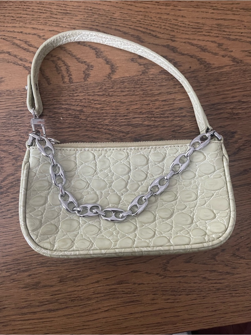 By Far Mini Mint Green Croc-Embossed Shoulder Bag with Silver Chain